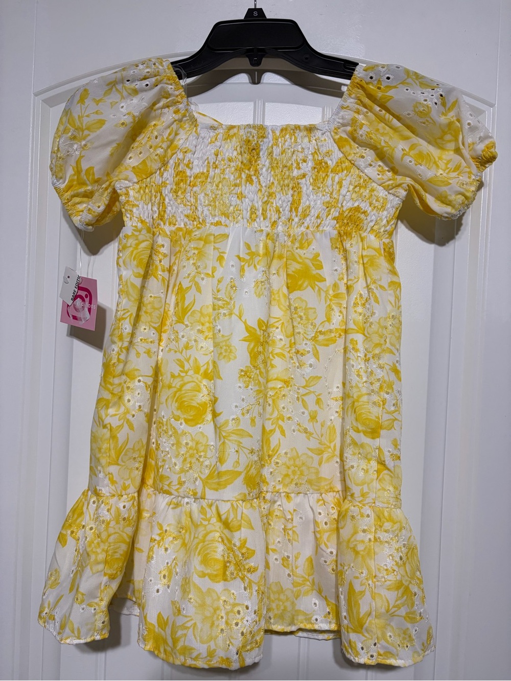 Rare Editions Yellow and White Floral Smocked Puff Sleeve Dress